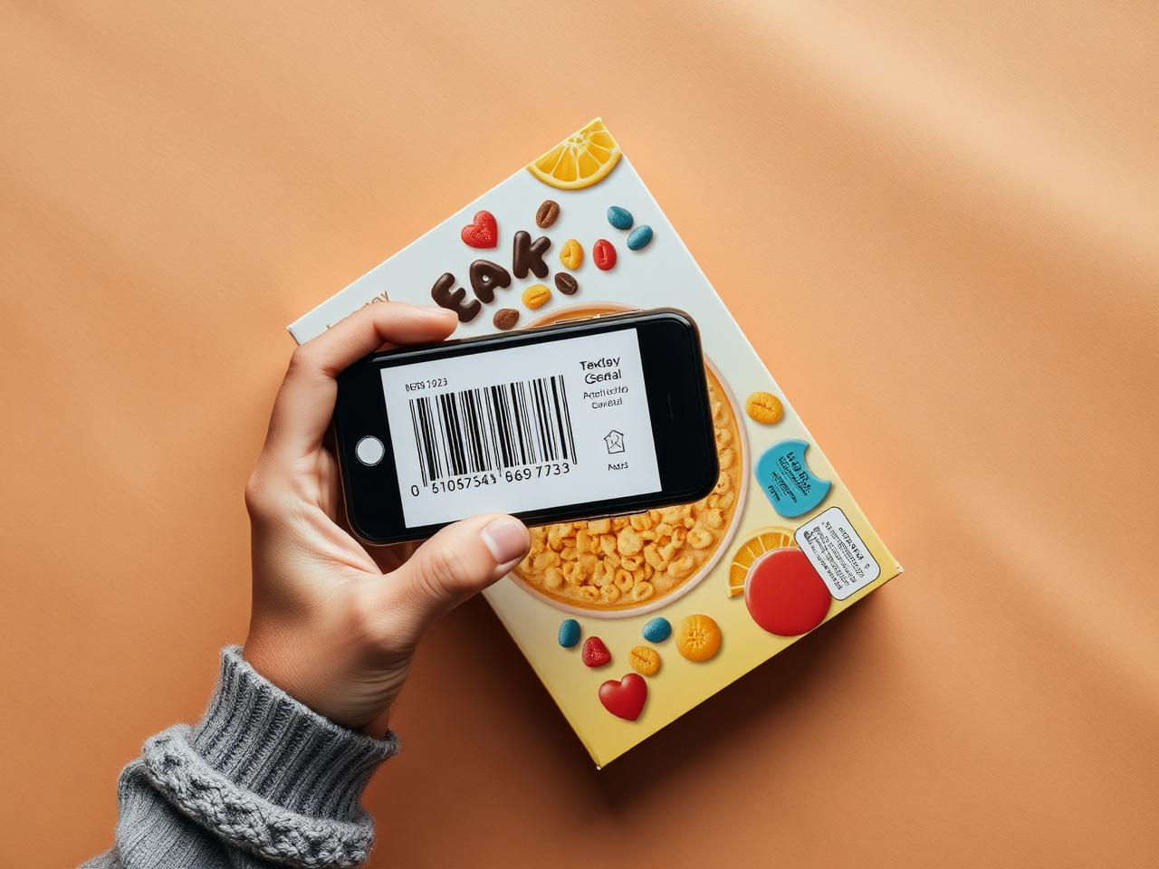 Hand holding a phone scanning a barcode on a food package