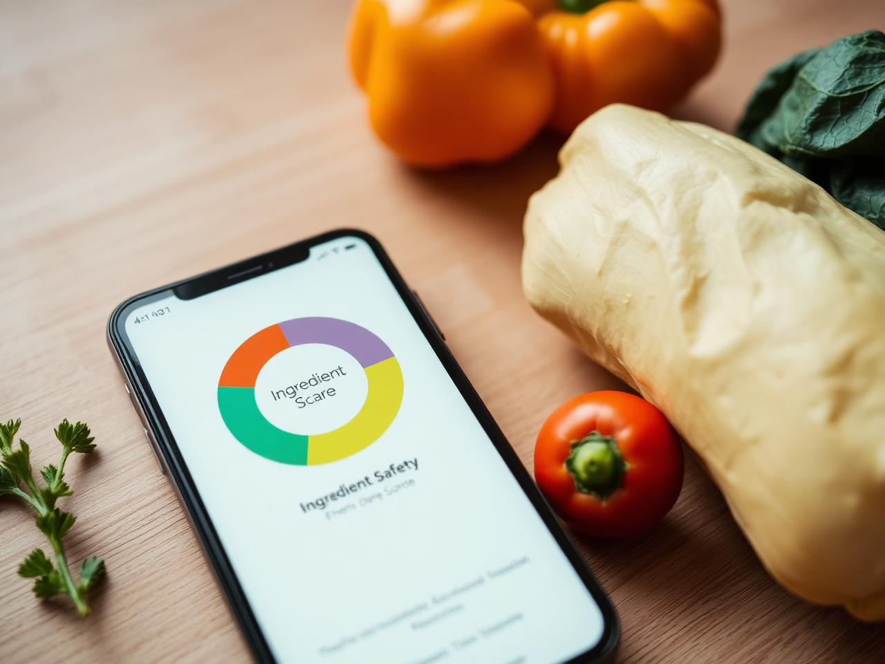 Phone showing a nutrition-score card next to a plated meal