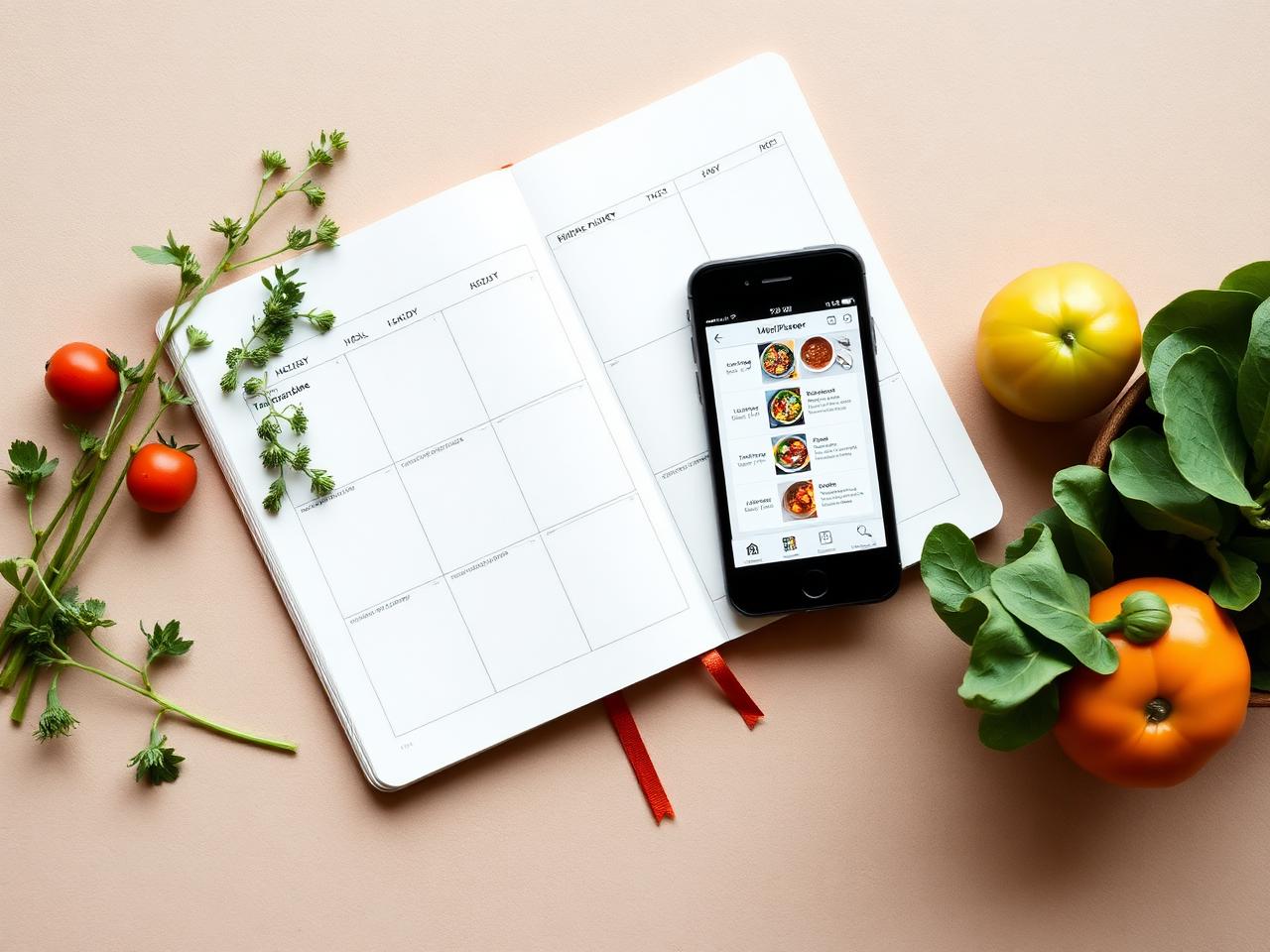 Phone showing a weekly meal-plan calendar on top of a grocery list with fresh ingredients