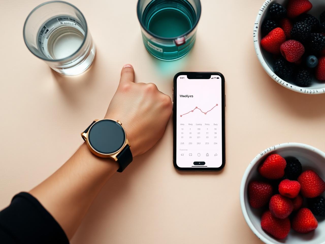 Phone showing a progress dashboard chart next to a journal and glass of water
