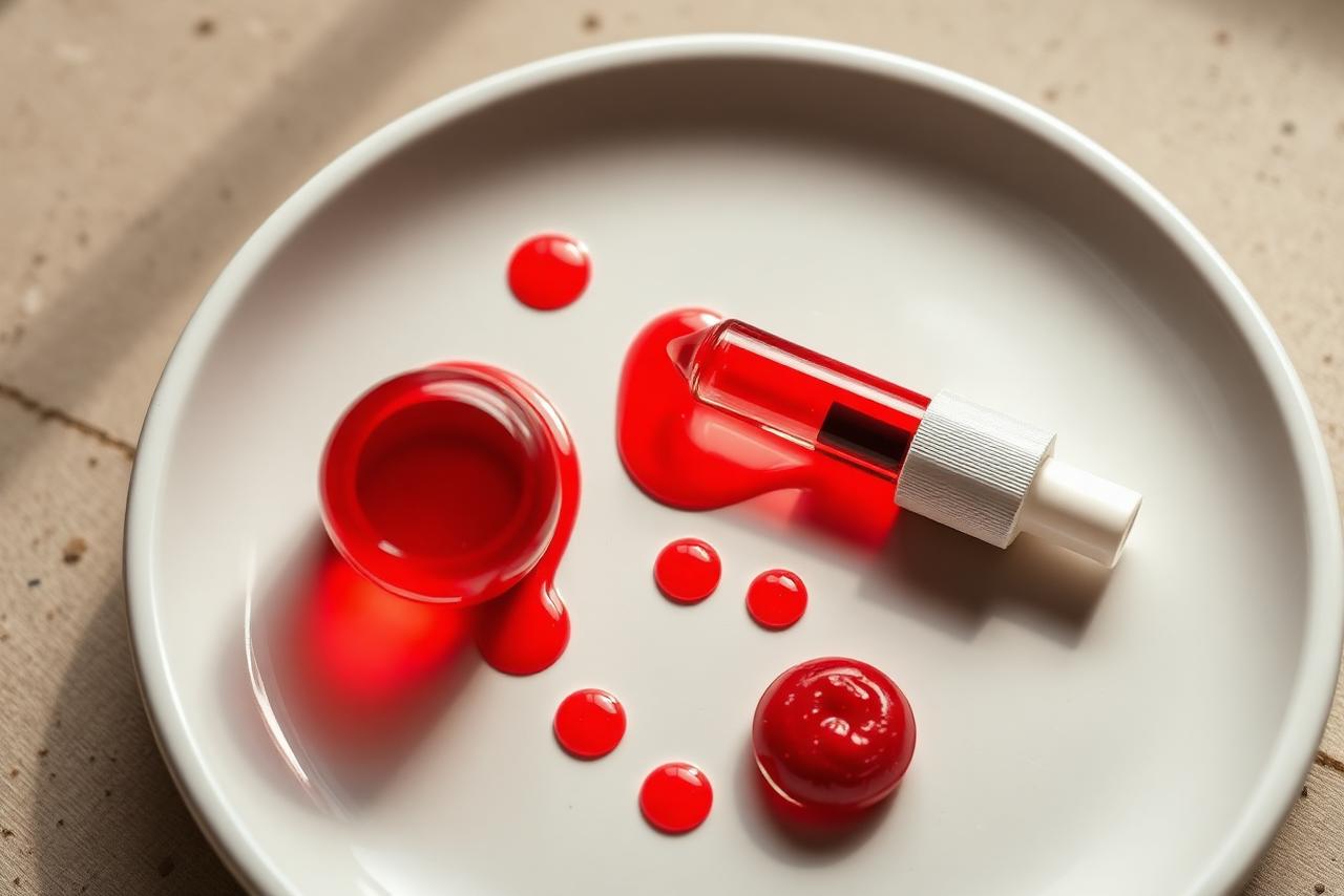 A wooden serving board arranged with small vials of red, yellow, and blue food colouring, plus sachets of powdered sweeteners.