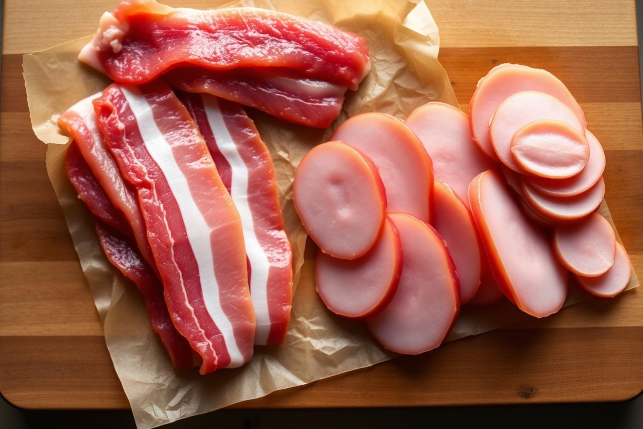 Slices of bacon and salami on a butcher's paper.