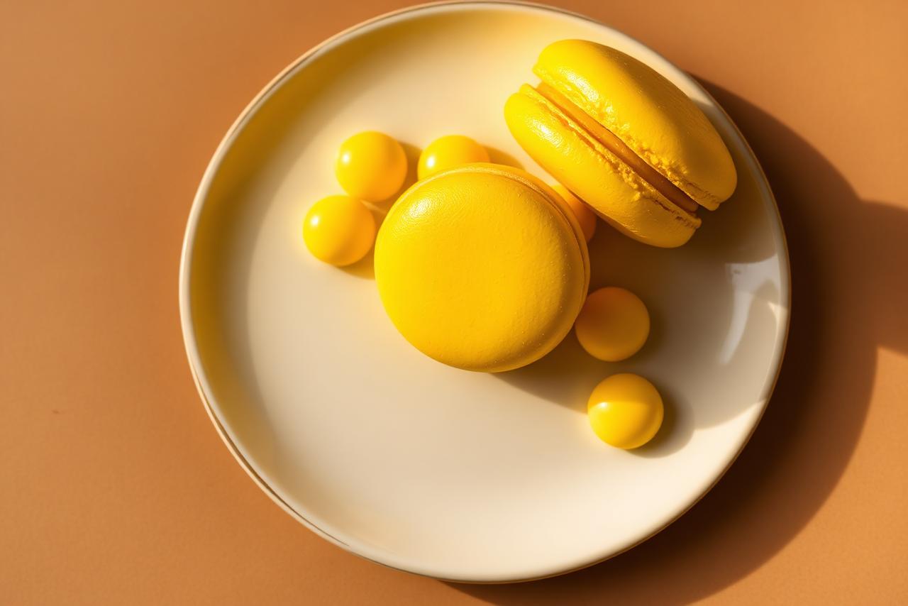 Bright yellow candies and a bottle of mustard on a wooden board.
