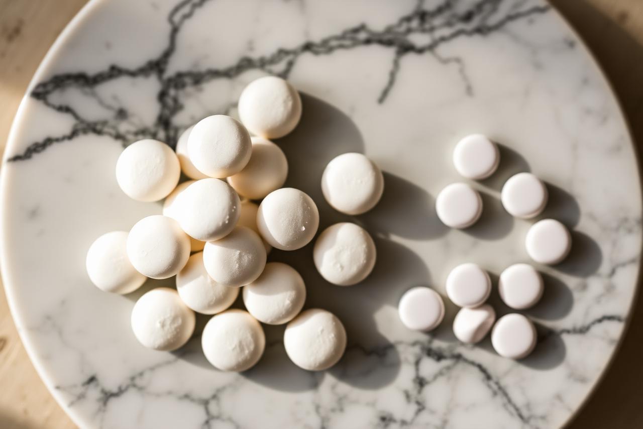 A bowl of white-coated candies and chewing gum pellets.