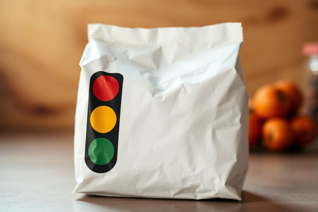 Examples of Nutri-Score and traffic-light front-of-pack labels on packaged foods.