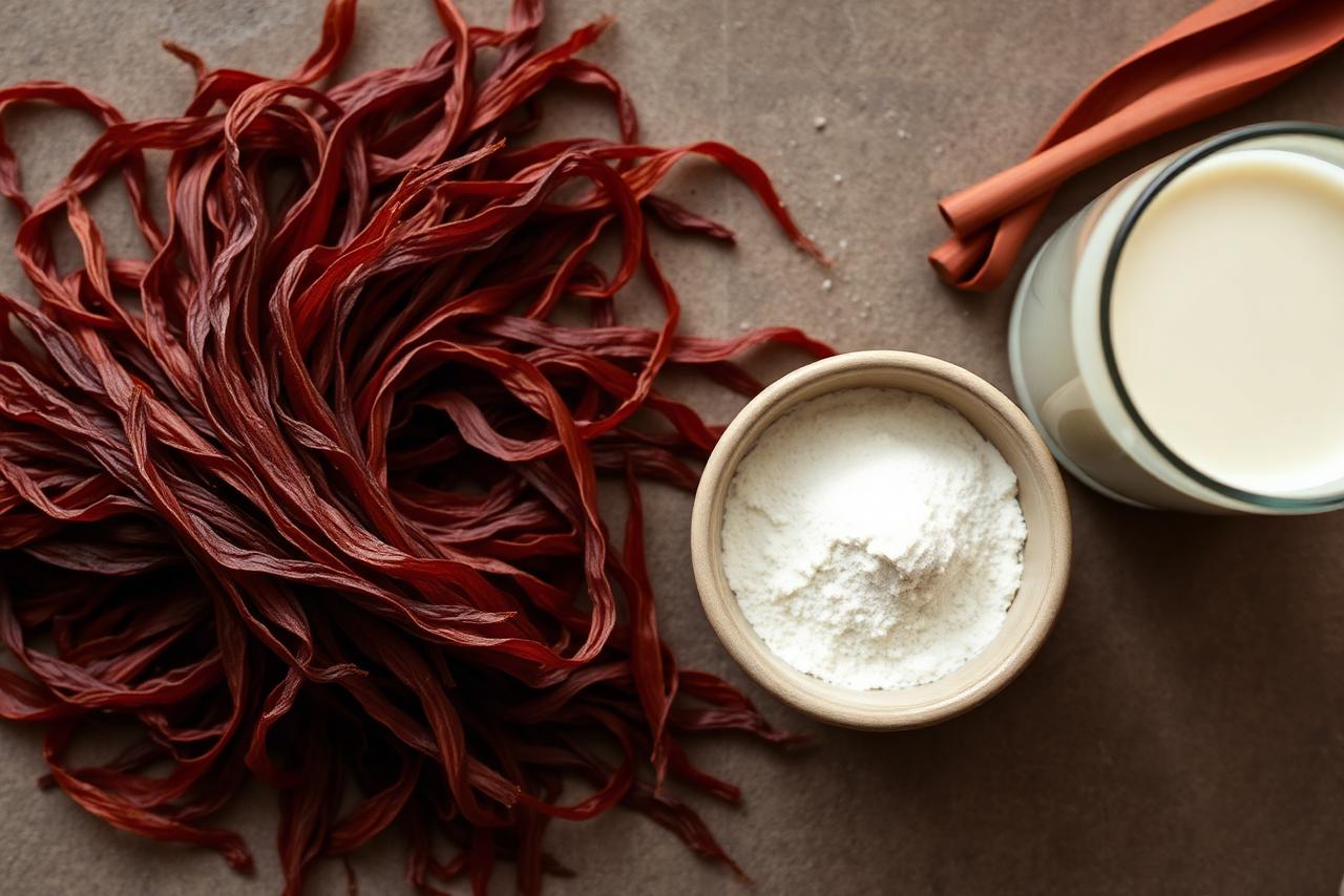 A tabletop of common food ingredients — powders, gums, and syrups — displayed in glass jars on a neutral surface.
