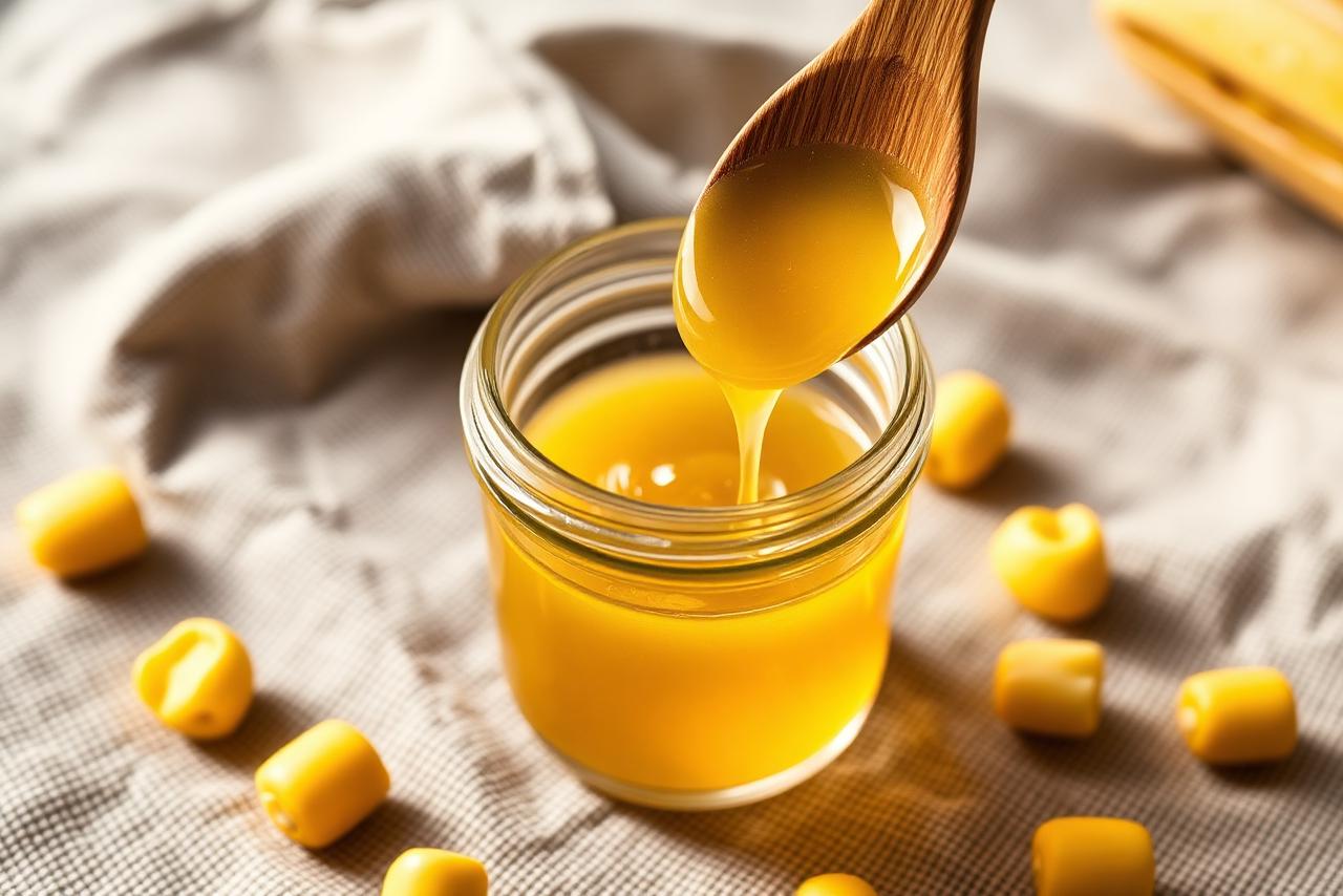 A tabletop of common food ingredients — powders, gums, and syrups — displayed in glass jars on a neutral surface.