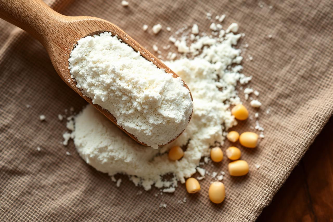 A tabletop of common food ingredients — powders, gums, and syrups — displayed in glass jars on a neutral surface.