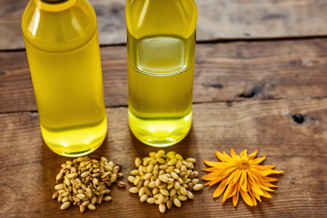 Bottles of soybean, sunflower, and canola oil on a shelf.