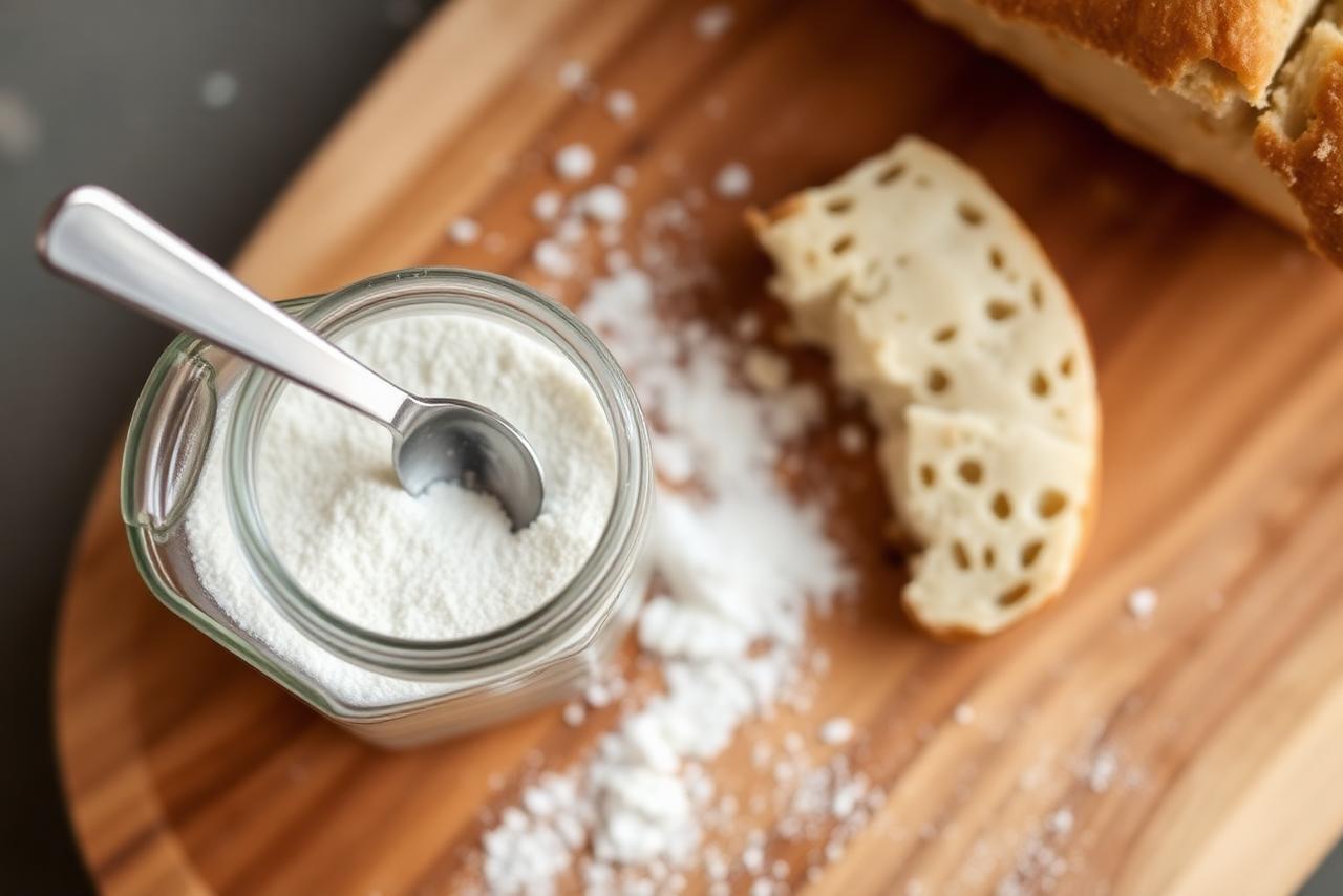 A tabletop of common food ingredients — powders, gums, and syrups — displayed in glass jars on a neutral surface.