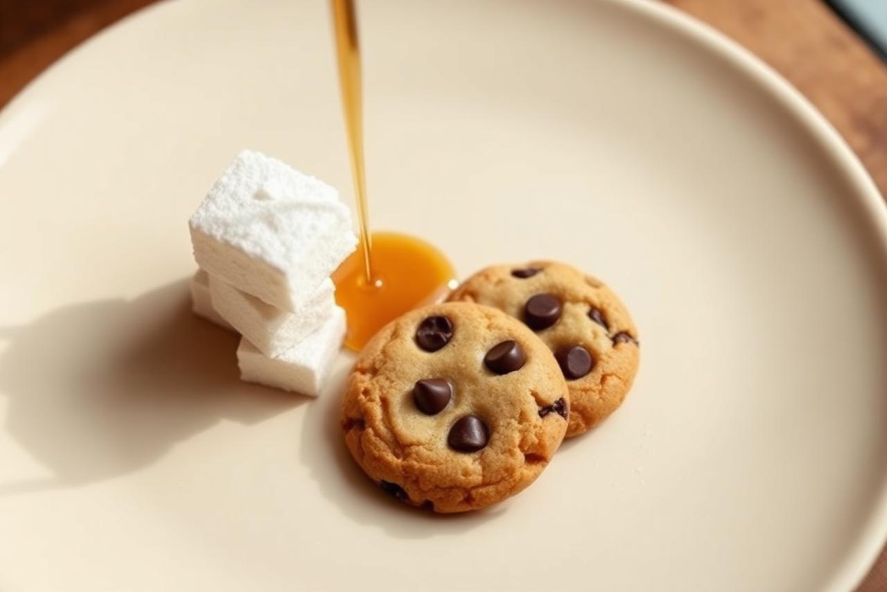 Sugar cubes, syrup bottles, and a soda can on a marble surface.