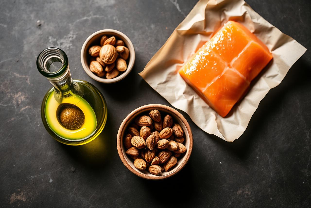 Olive oil, avocado, walnuts, and fatty fish on a wooden board.