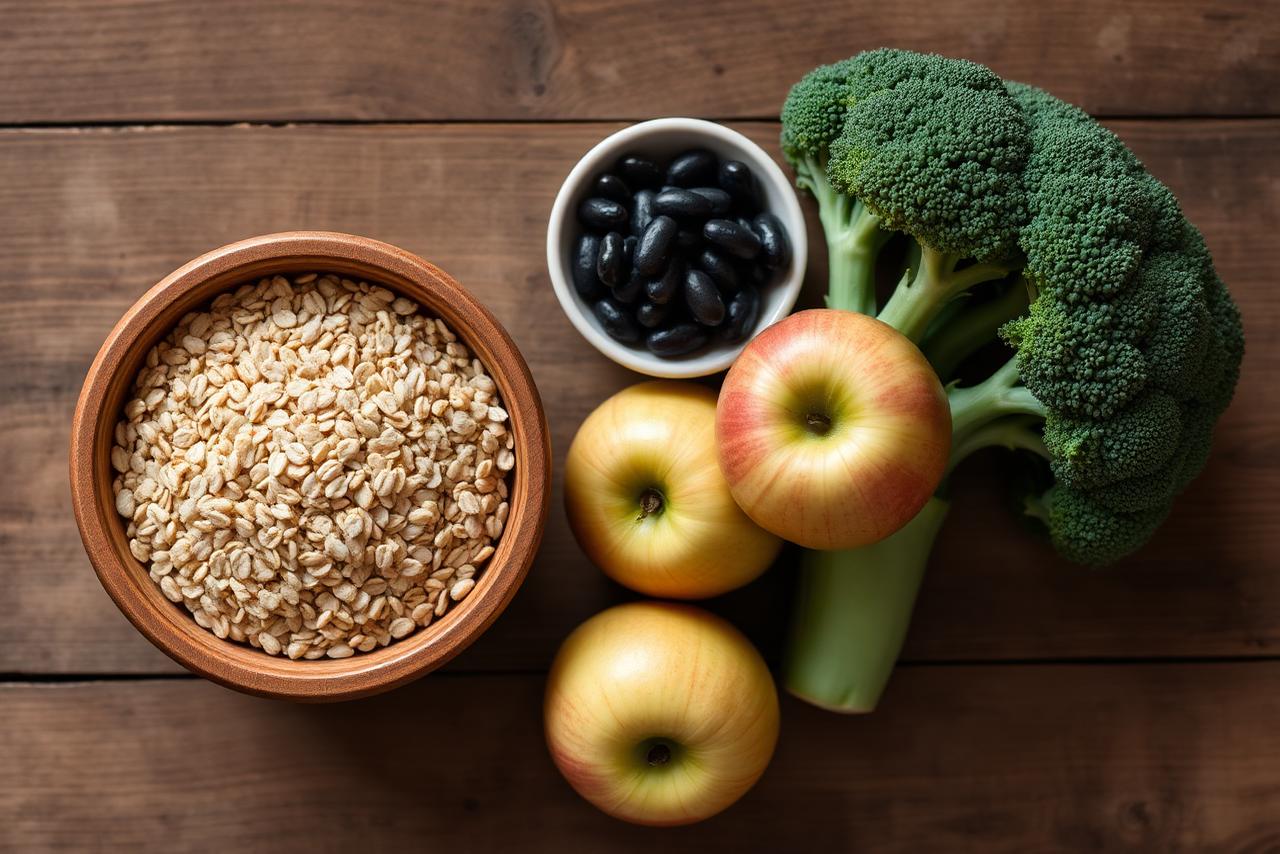 Bowl of oats, apple slices, chia seeds, and lentils on a linen cloth.