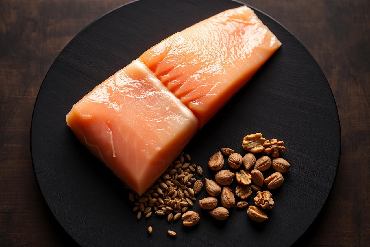 Salmon, walnuts, chia seeds, and sunflower oil arranged on a wooden board.