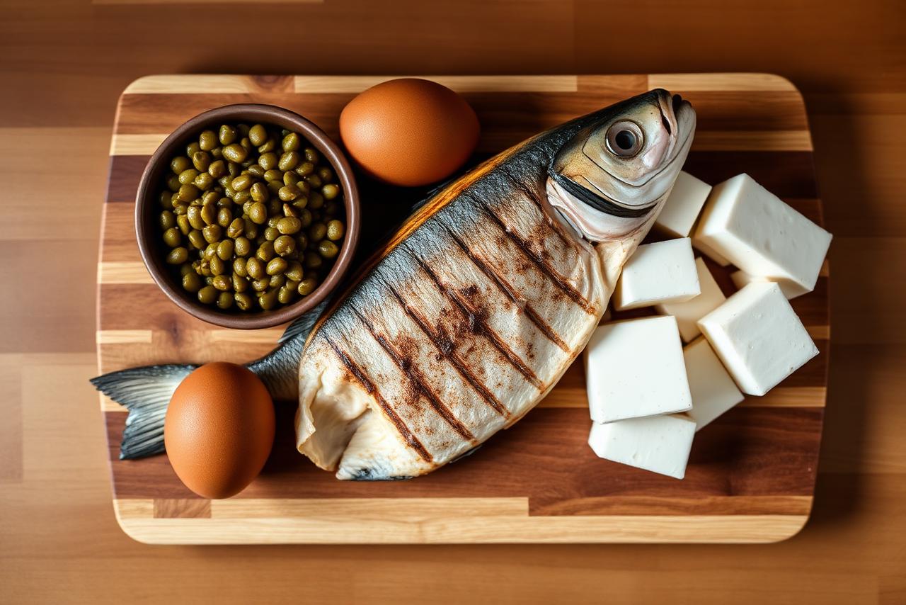 Grilled fish, lentils, eggs, and tofu arranged on a wooden board.