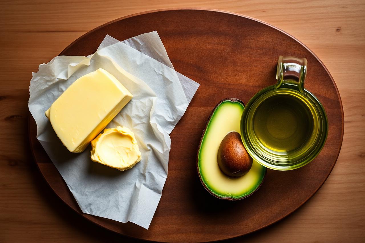 Butter and olive oil side by side on a stone surface.