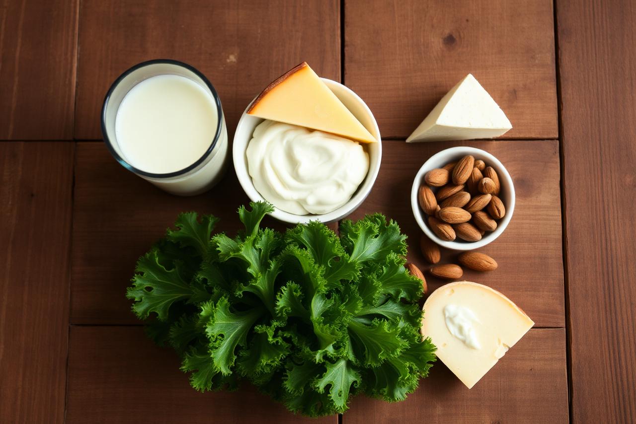 Yoghurt, kale, tofu, and sardines on a stone board.