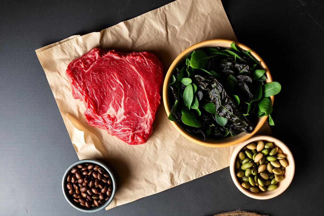 Beef, lentils, spinach, and pumpkin seeds on a wooden board.