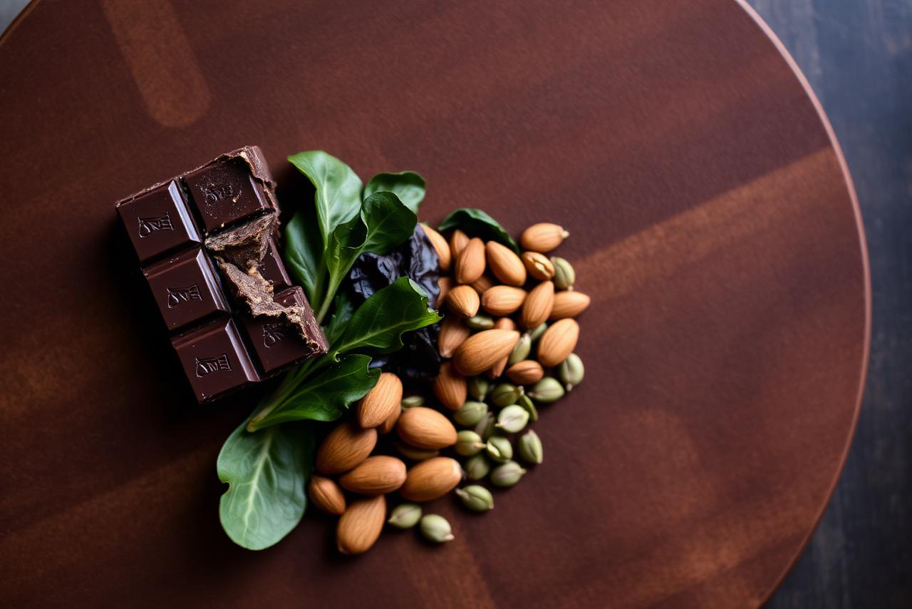 Pumpkin seeds, dark chocolate, black beans, and almonds on a wooden board.