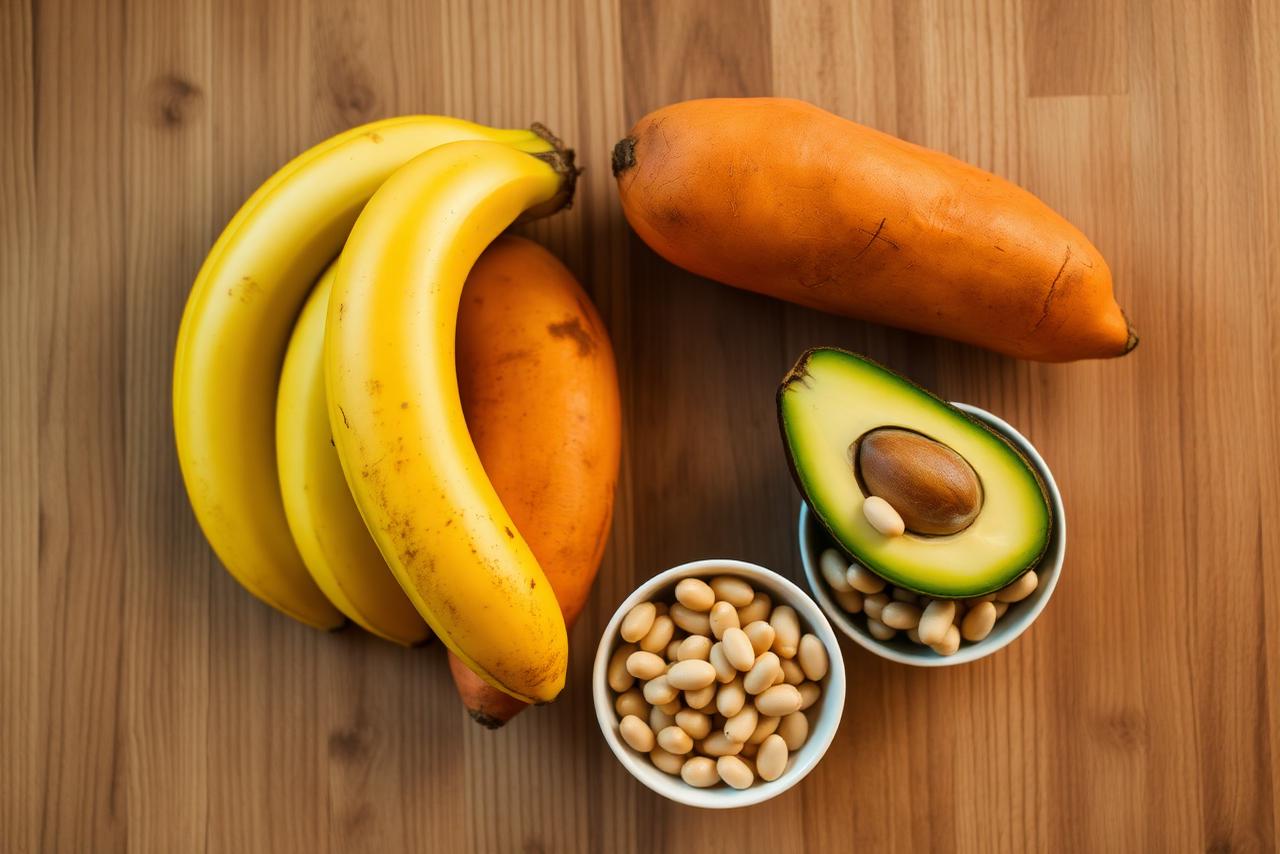 Bananas, avocado, sweet potatoes, and white beans on a wooden board.