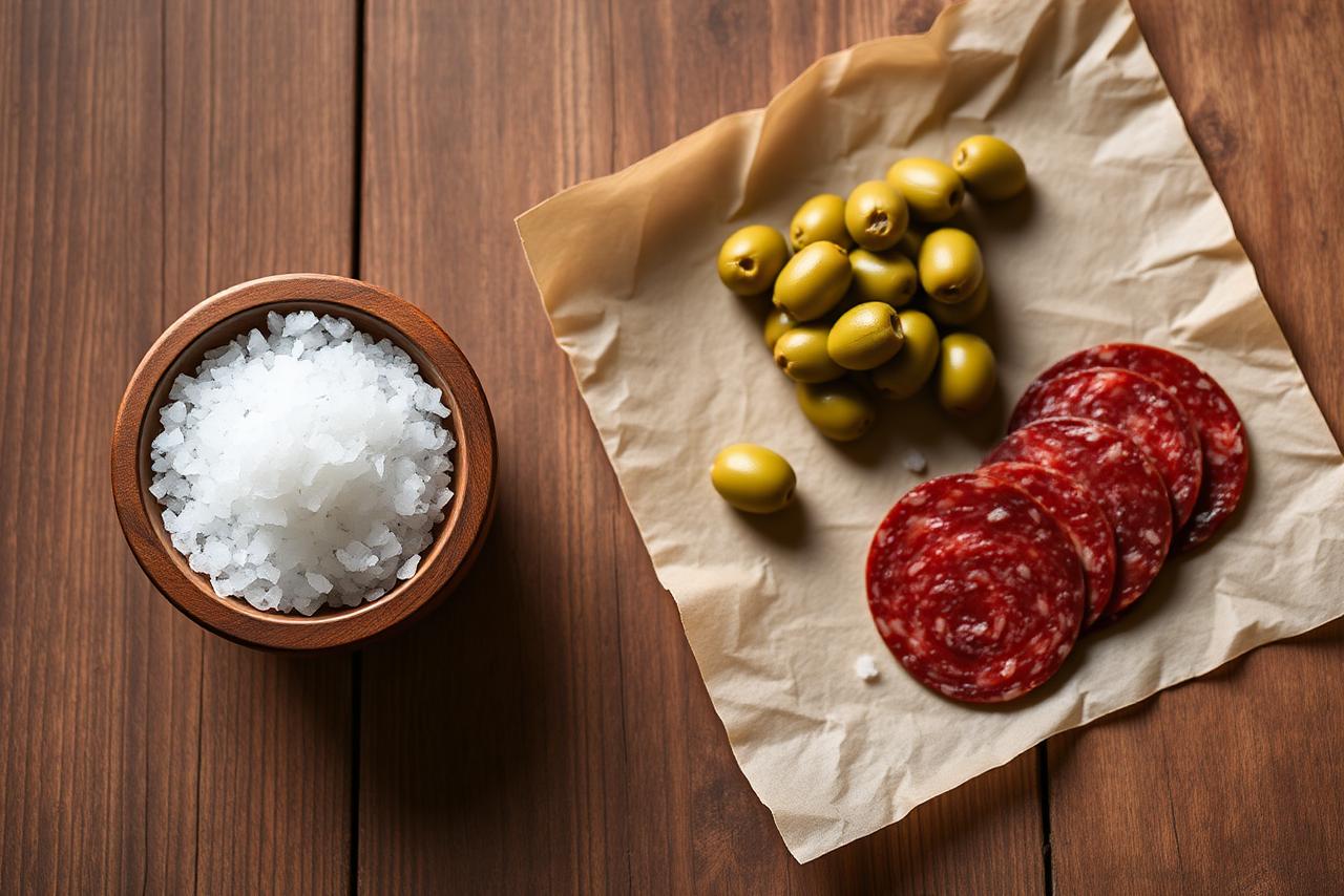 Coarse and fine salt in small bowls next to a shaker on a slate surface.