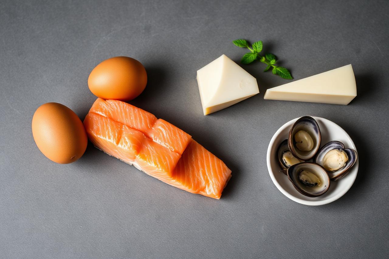Eggs, salmon, sardines, and fortified nutritional yeast on a wooden board.