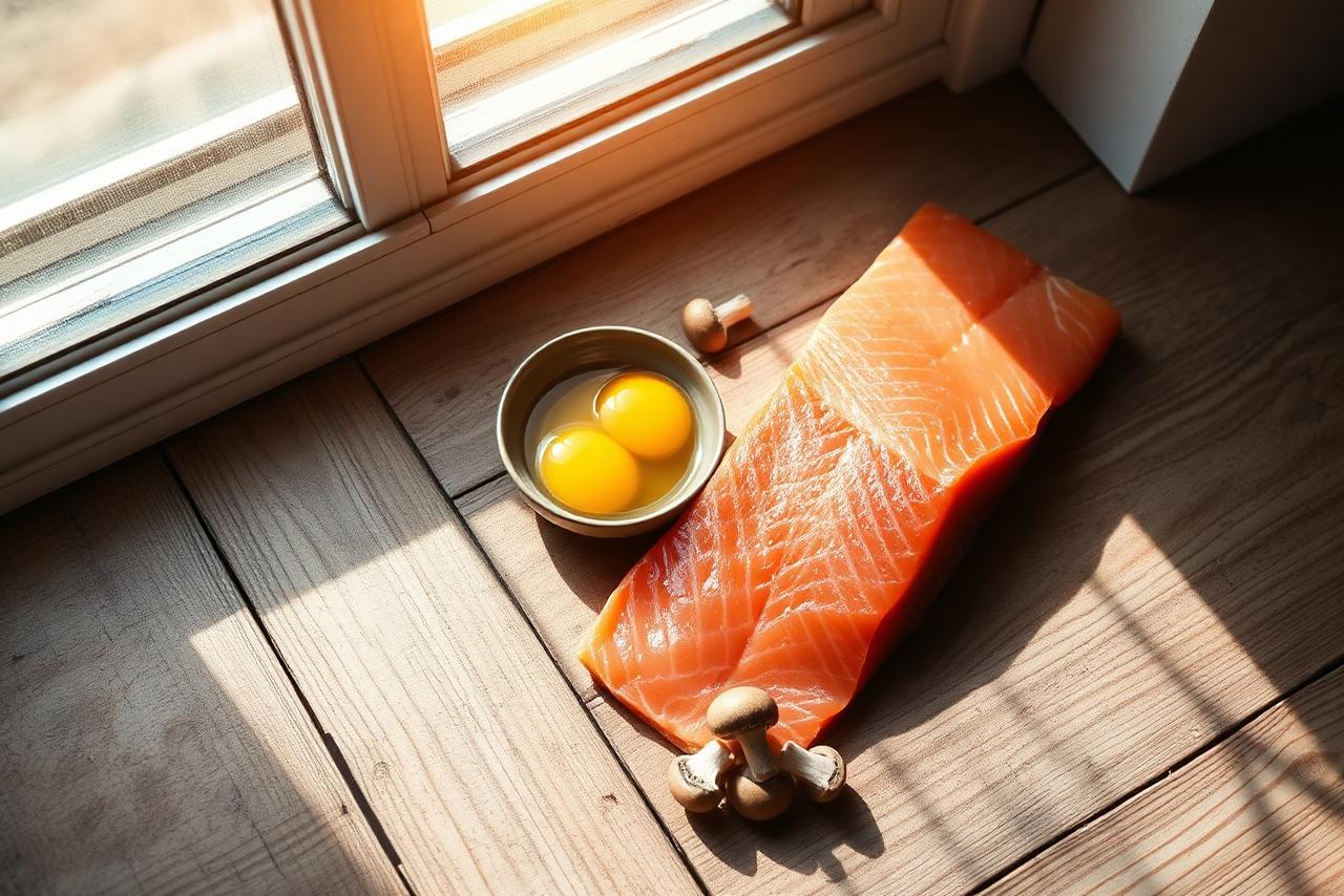 Salmon fillet, egg yolks, and a small supplement bottle on a stone board.