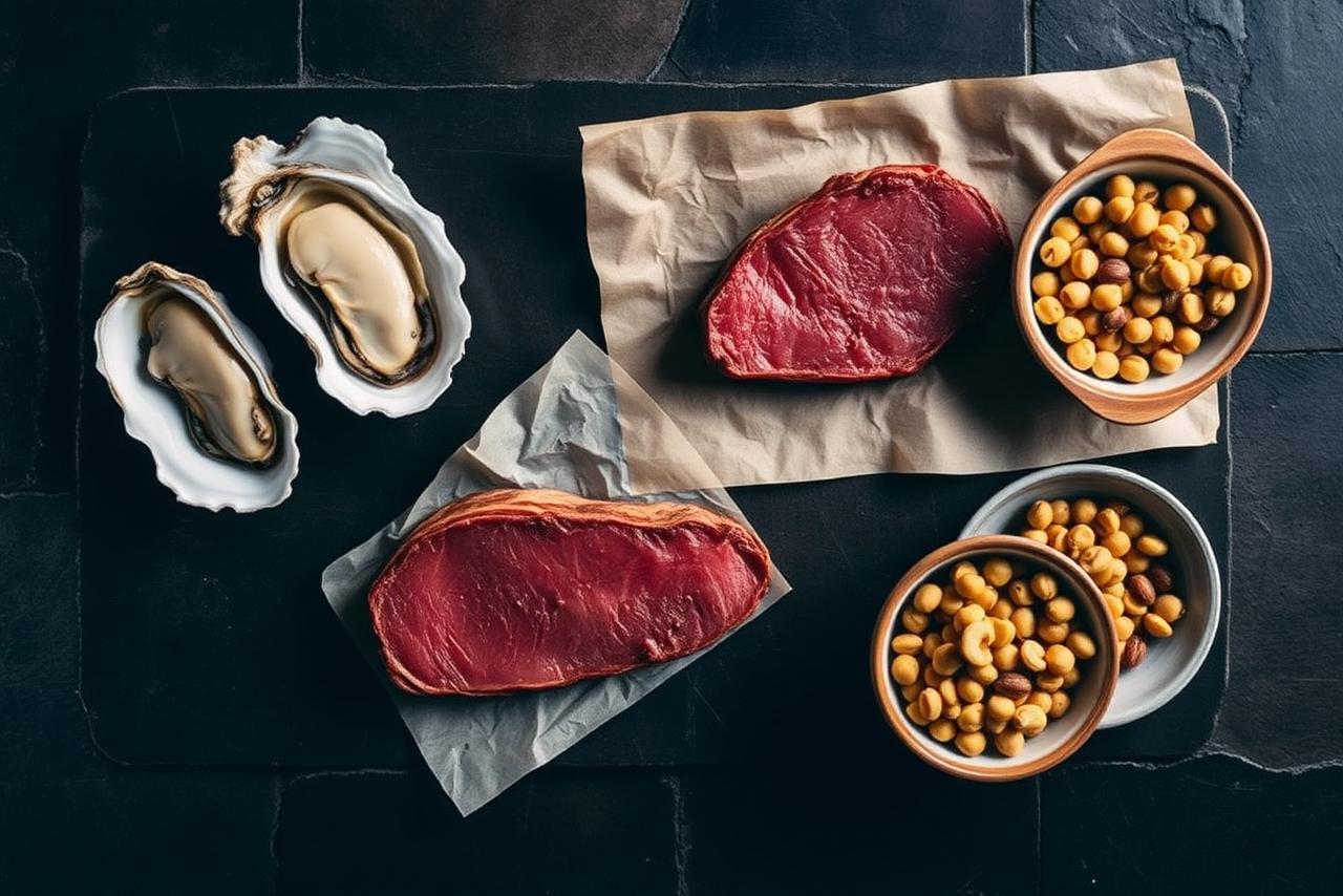 Oysters, beef, pumpkin seeds, and lentils arranged on a stone board.