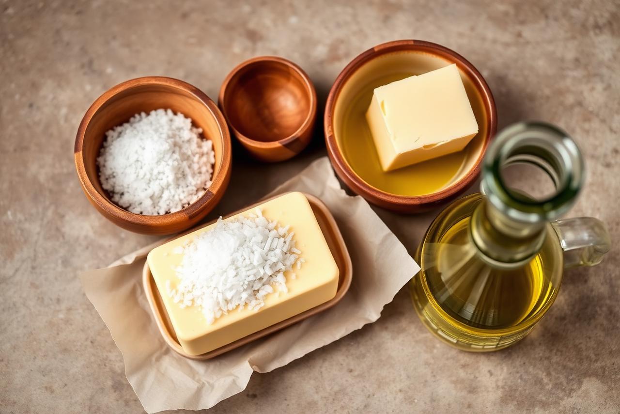 A row of small glass bowls holding salt, sugar, olive oil, butter, honey, and vinegar on a stone counter.