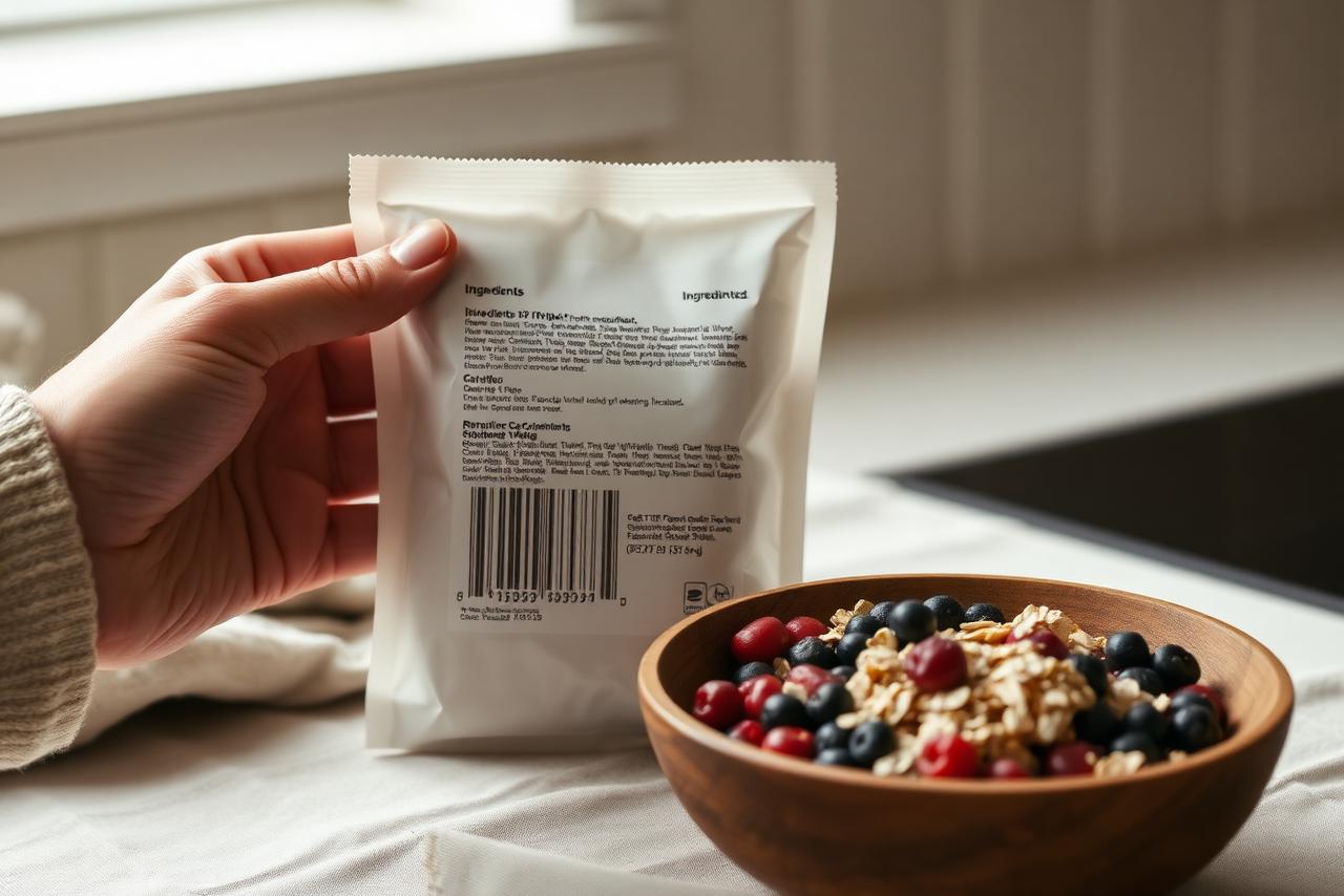A processed food label with an ingredient list being read.