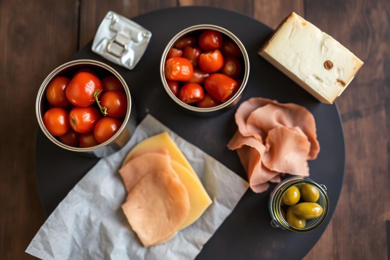 Assorted Group 3 processed foods: canned tomatoes, tinned sardines, hard cheese, olives in brine, rustic bread.