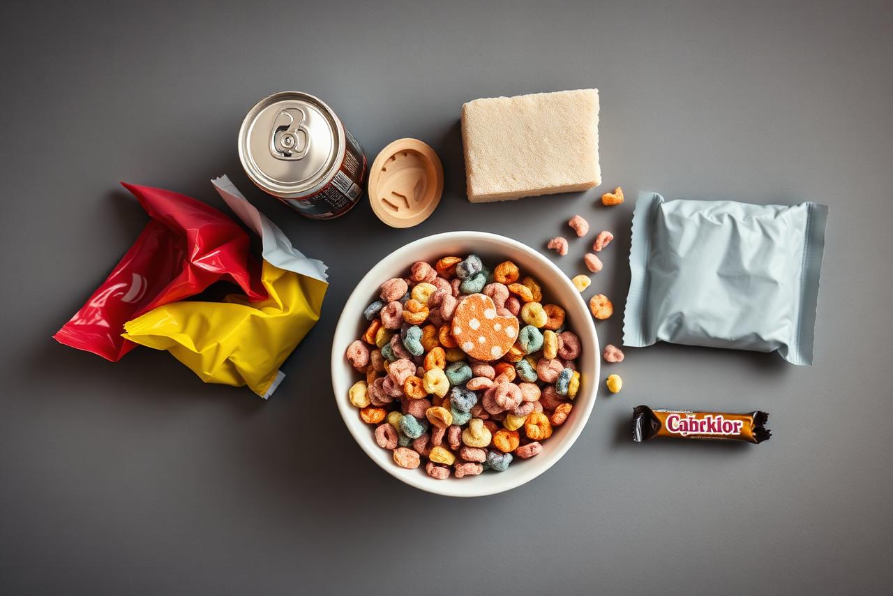 A selection of common ultra-processed foods: sugary cereal, chips, soda, instant noodles, chocolate bar, and confectionery.