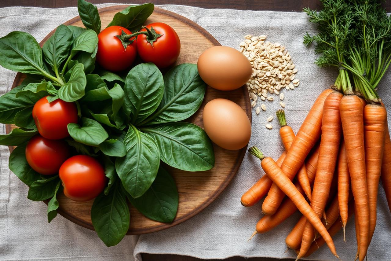 Whole unprocessed foods on a warm neutral surface: apple, grapes, brown egg, jug of milk, bowl of oats, and dried beans.