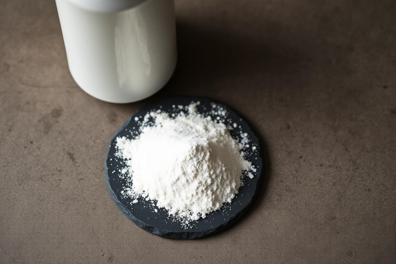 A can of diet soda beside a small dish of white sweetener powder on slate.