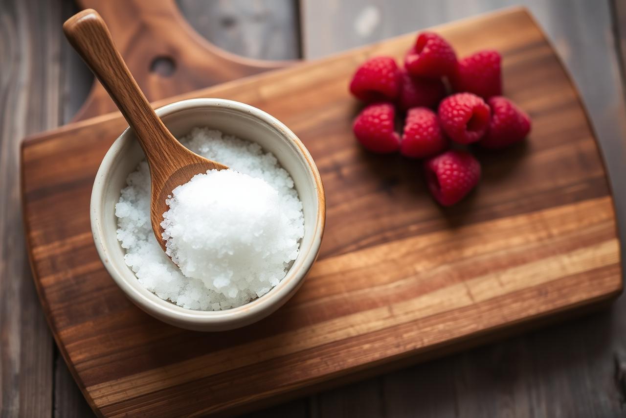 A small dish of white erythritol crystals next to fresh berries on slate.