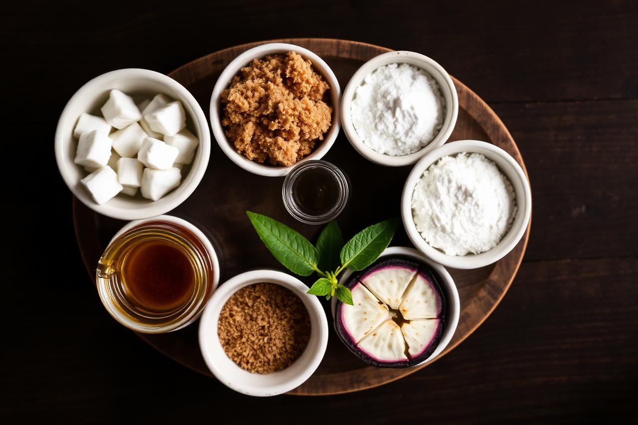 Assorted sachets of powdered sweeteners on a wooden surface