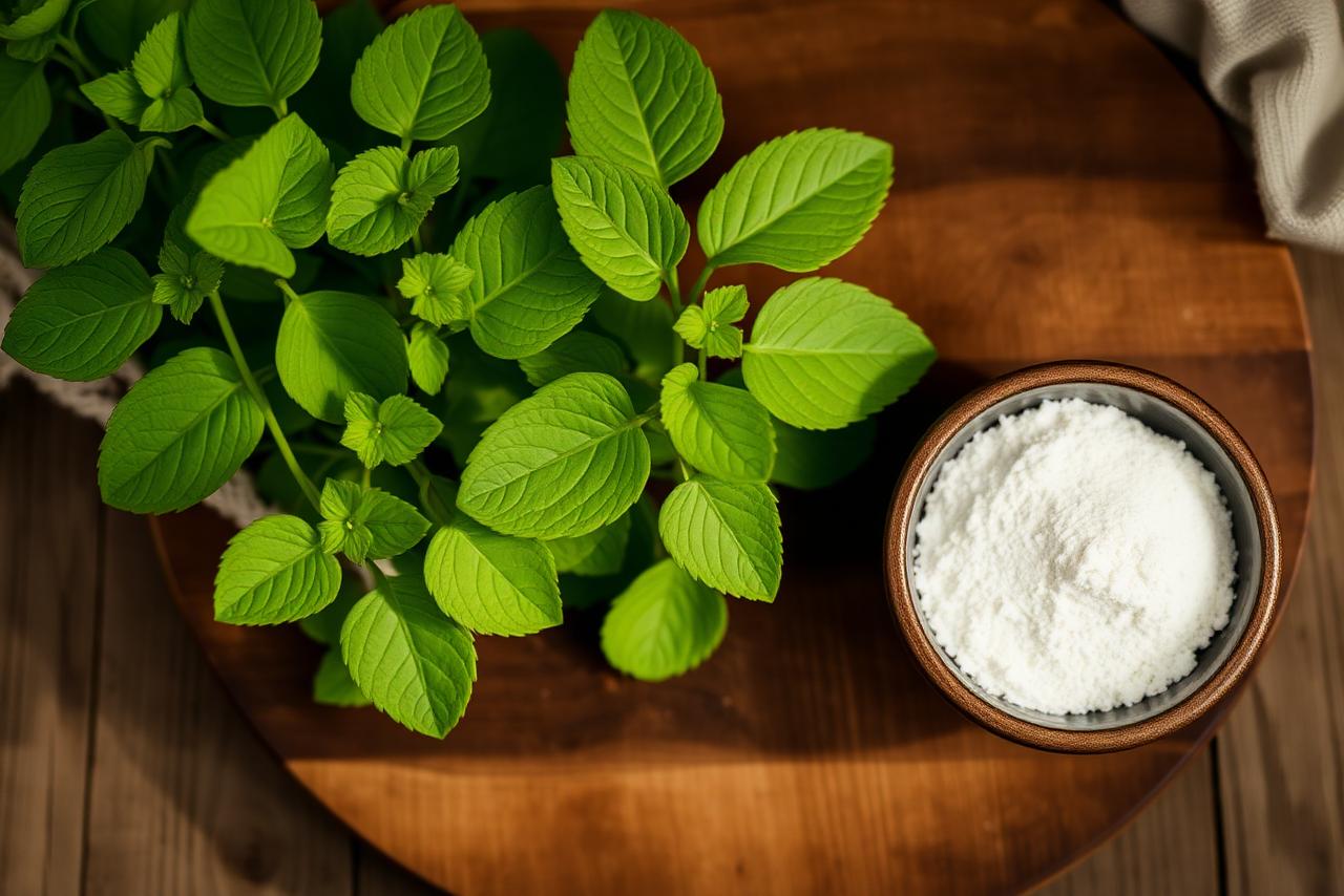 Fresh stevia leaves next to white steviol-glycoside powder on a slate surface.