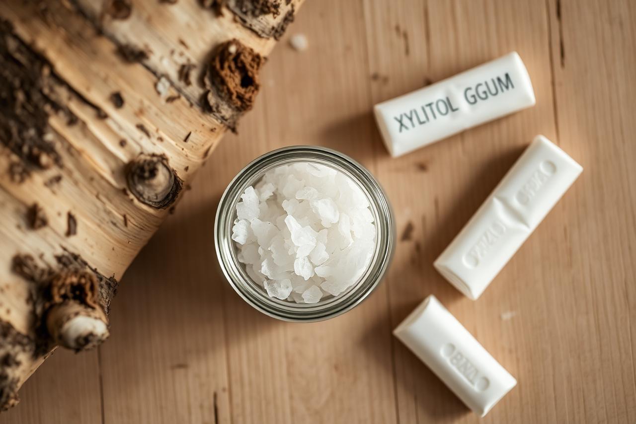 Sugar-free gum sticks next to a small dish of white xylitol crystals.